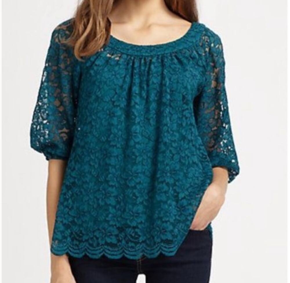 Diane von Furstenberg Elisabetta Teal Lace Blouse Top 0 XS Extra Small